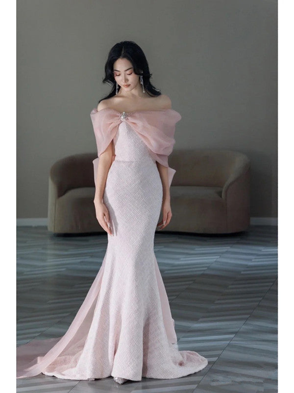 Pretty Mermaid Strapless Pink Sequin Long Evening Dress Prom Dresses With Bow HZ1024