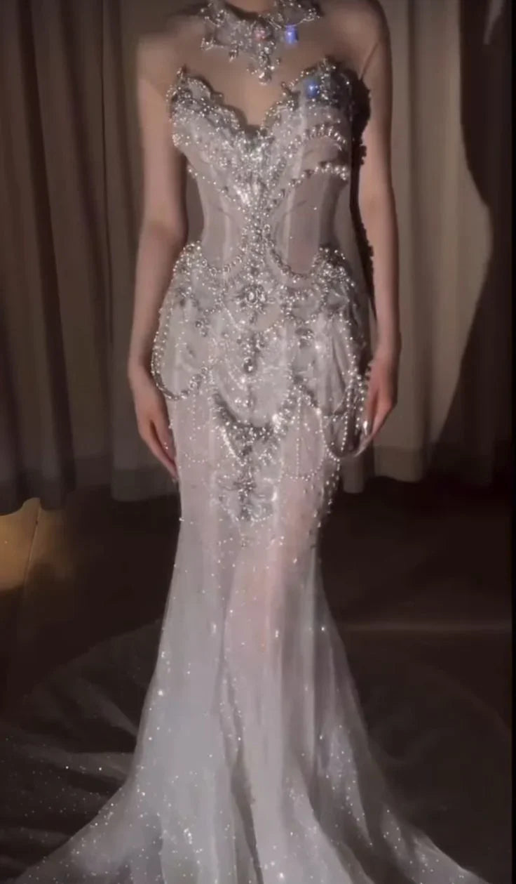 Elegant Silver-White Mermaid Sweetheart Neckline Pearl-Beaded Tulle Train Prom Dress Evening Dress cc5123