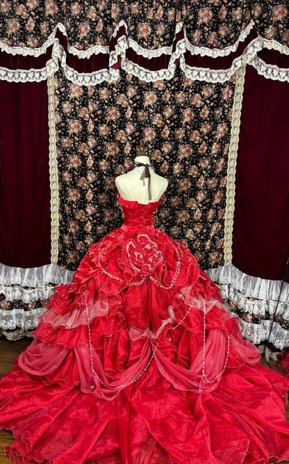 Vintage Red Sweetheart Sequin Strapless A-line 3D Flower Prom Dress Evening Gown HZ1024