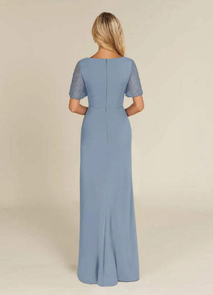 A-Line V-Neck Lace Chiffon Dusty Blue formal dresses evening dress Mother of the Bride Dresses