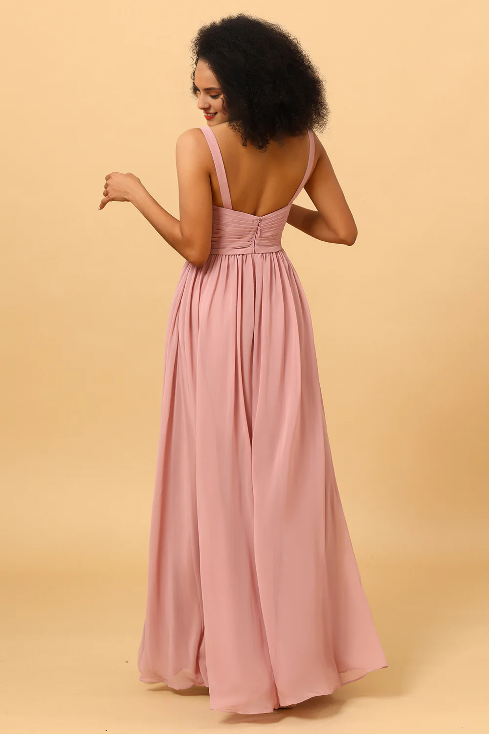 Pink backless side slit long chiffon bridesmaid dress