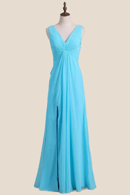 V Neck Blue Chiffon A-line Long Bridesmaid Dress