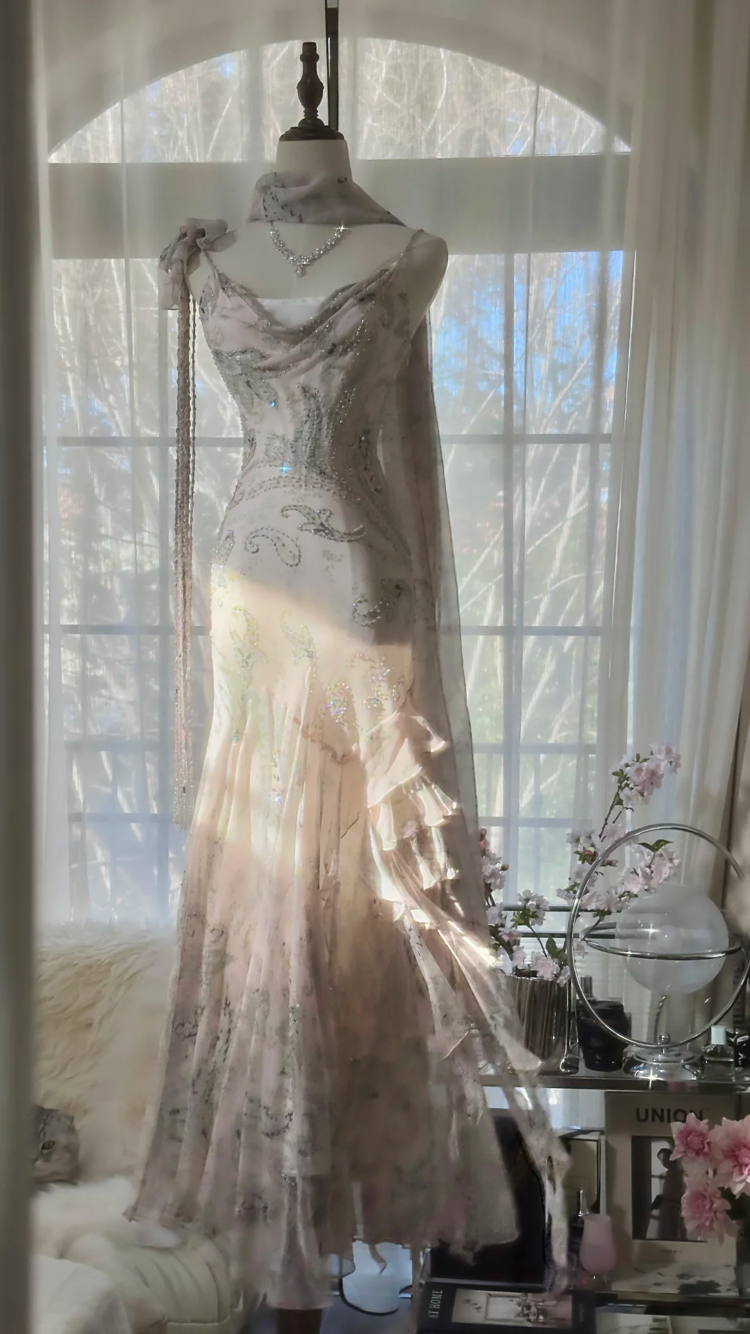 Light Pink Straps Mermaid Beaded Long Evening Dresses Birthday Outfits, HZ0319