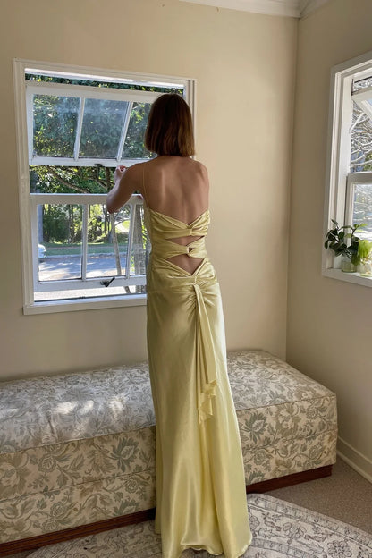 Jimiss chic yellow thin shoulder strap long Prom dress