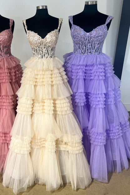 Red Tulle Off-the-Shoulder Ruffle Tiered Long Prom Dress