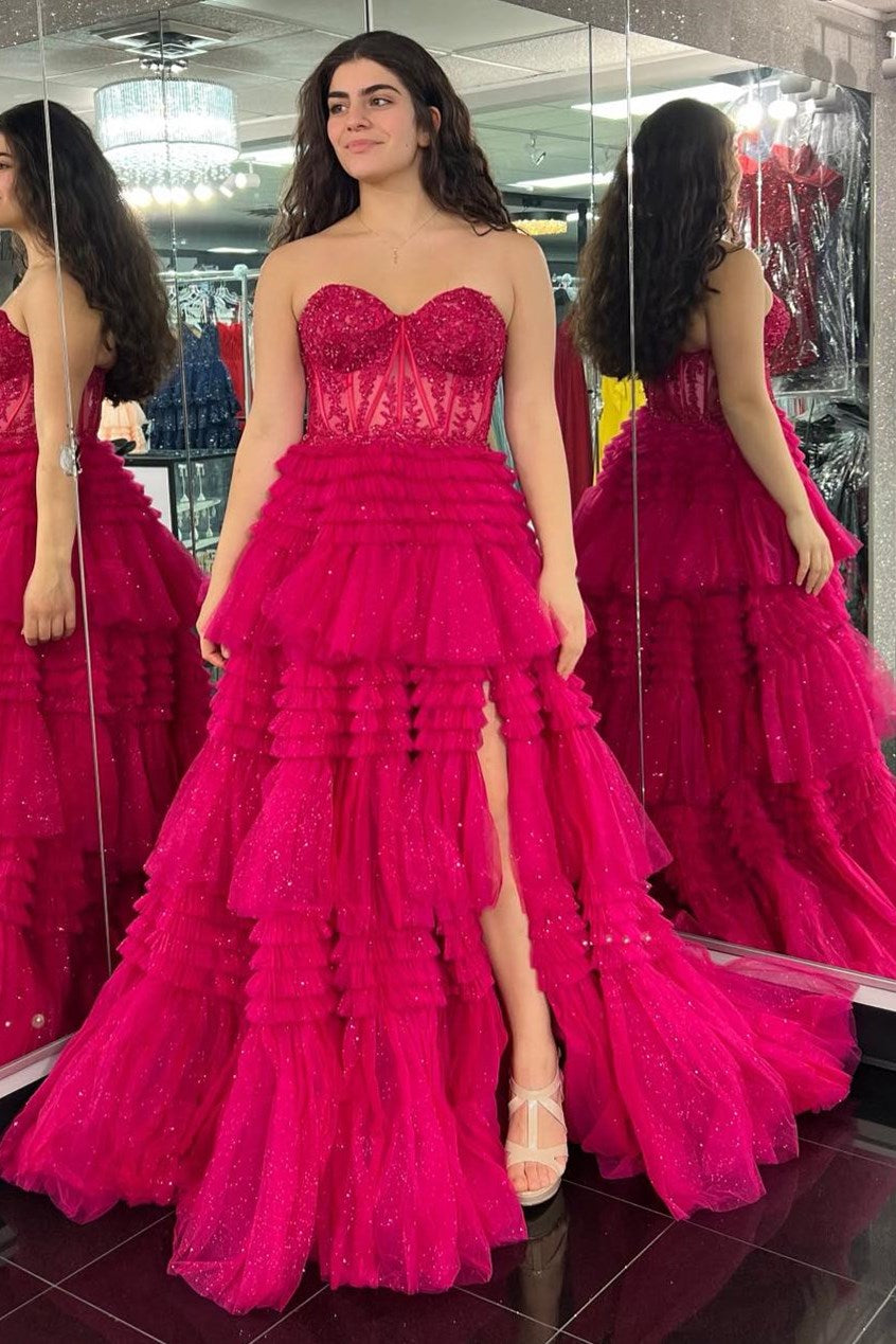 Strapless Tulle Sweetheart Tiered A-Line Long Prom Dress with Ruffles