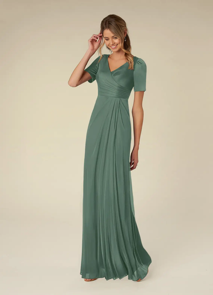 A-Line V-Neck Short Sleeve Pleated formal dresses evening dress Mother of the Bride Dresses