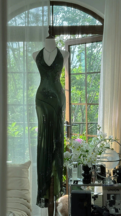 Green Halter Prom Party Dresses Unique Long Mermaid Evening Dress
