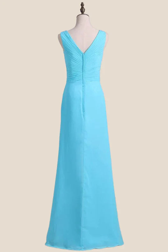 V Neck Blue Chiffon A-line Long Bridesmaid Dress