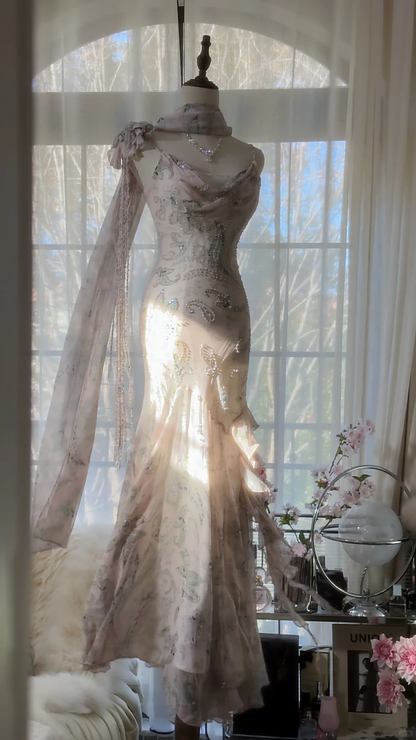 Light Pink Straps Mermaid Beaded Long Evening Dresses Birthday Outfits, HZ0319
