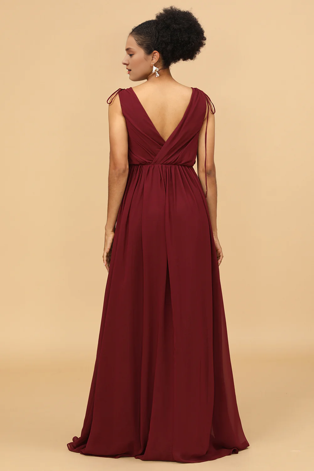 Wine red V-neck pleated long chiffon bridesmaid dress