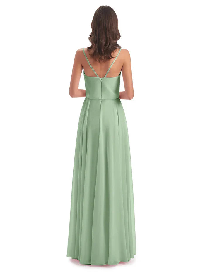 Simple slim shoulder chiffon and floor length bridesmaid dress