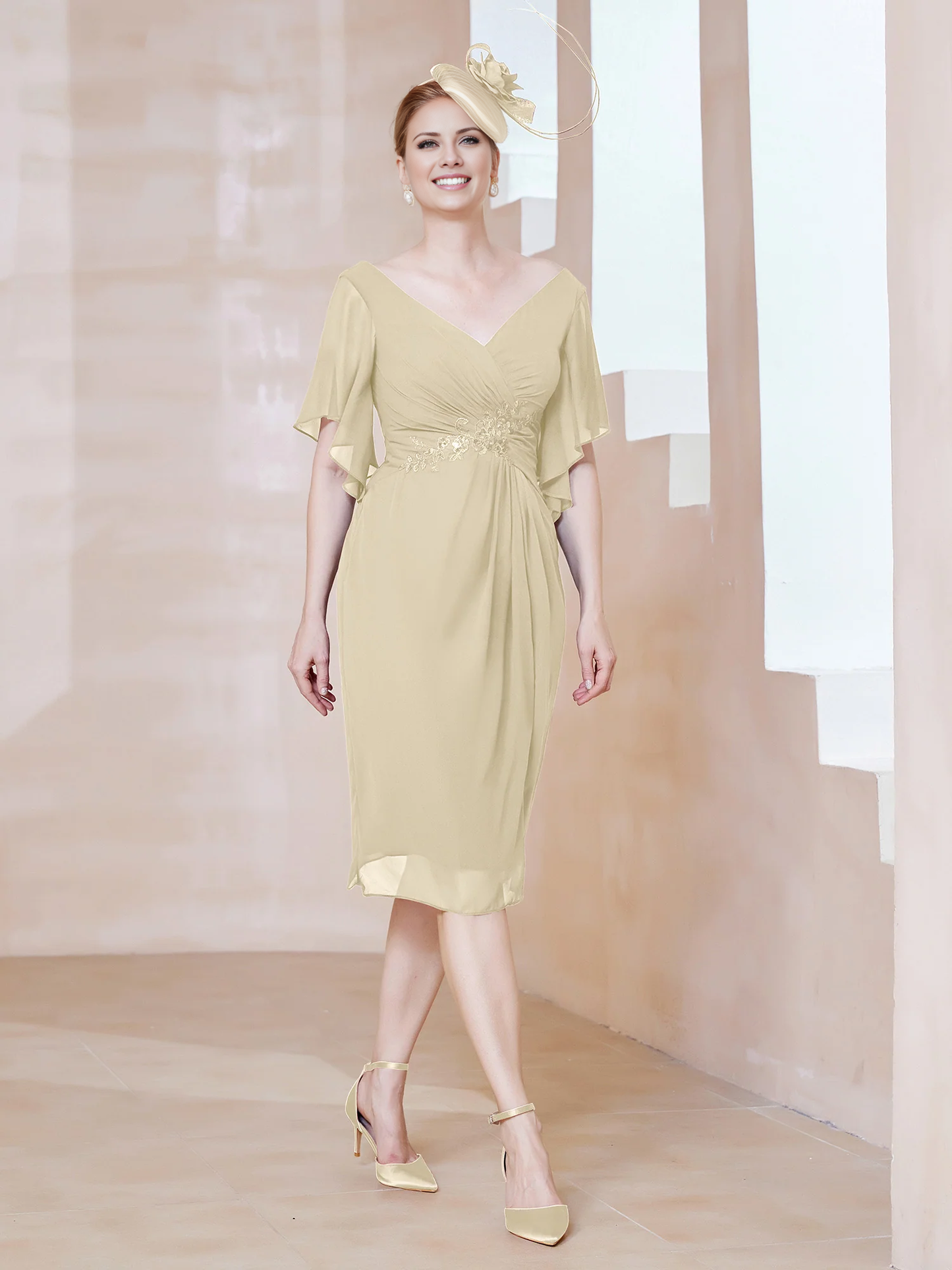 Floating sleeve V-neck sequin decal decoration for mother of the bride dress