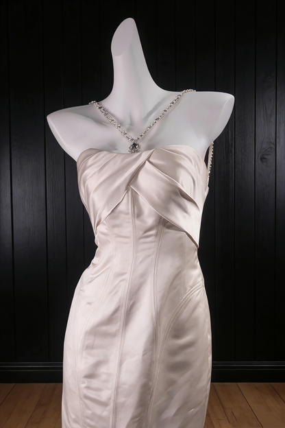 Champagne Soft Flower Twist Strapless Diamond Strap Mermaid Maxi Dress gh6924