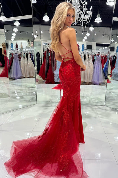 Red Tulle Appliques Scoop Neck Lace-Up Mermaid Long Dress