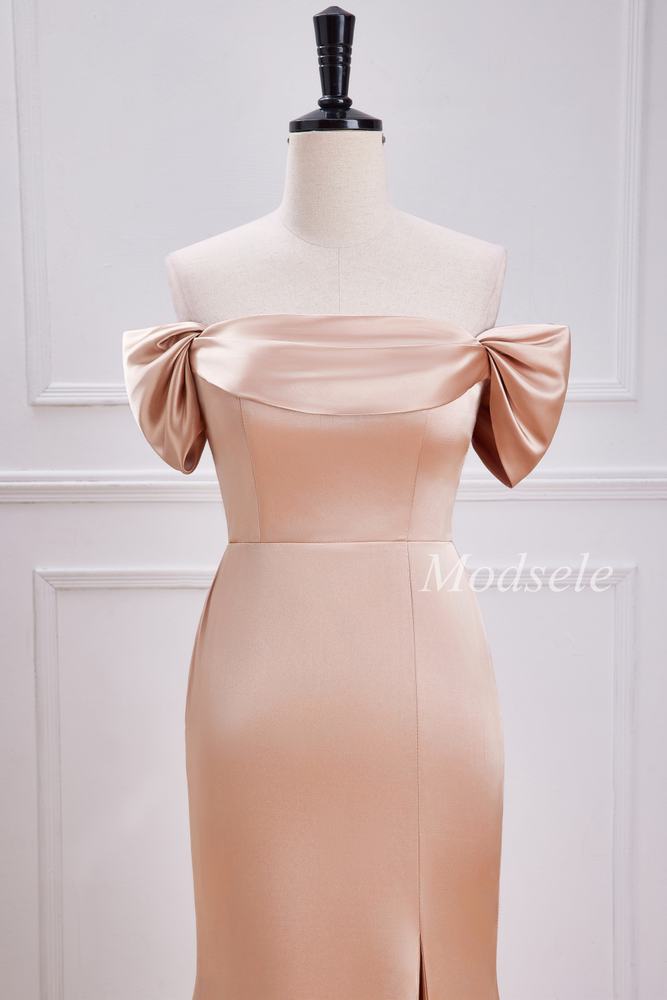 Champagne Off-the-Shoulder Mermaid Maxi Dress with Slit