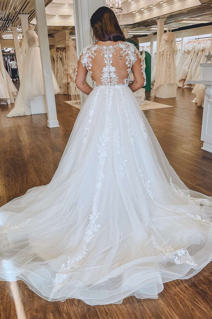 White Floral Lace Queen Anne Long Sleeve Wedding Dress
