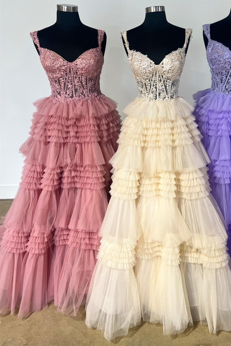 Red Tulle Off-the-Shoulder Ruffle Tiered Long Prom Dress