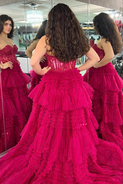 Strapless Tulle Sweetheart Tiered A-Line Long Prom Dress with Ruffles