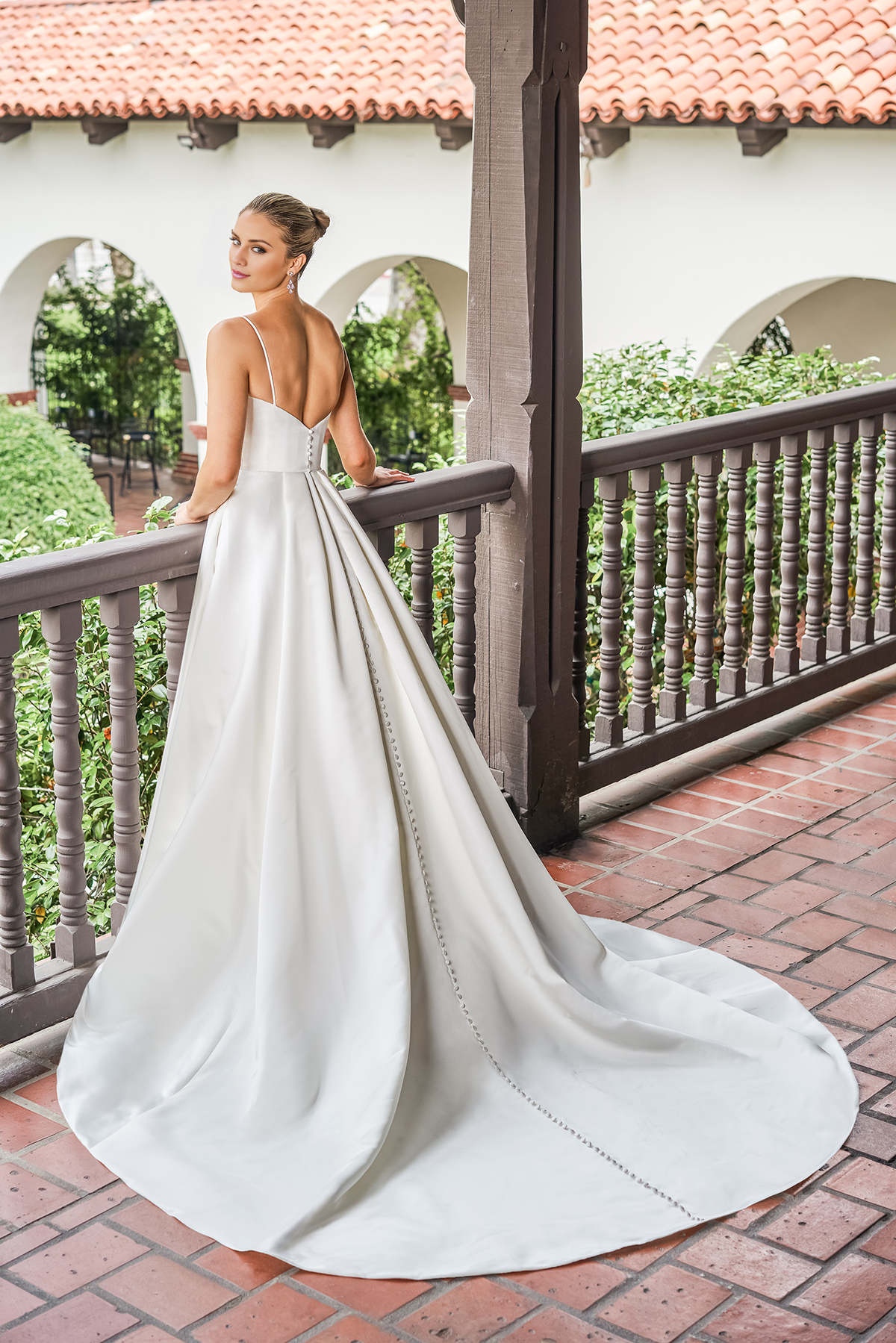 A-line satin asymmetric pleated garment with side slits and floor length wedding dress