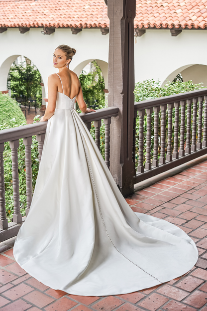 A-line satin asymmetric pleated garment with side slits and floor length wedding dress