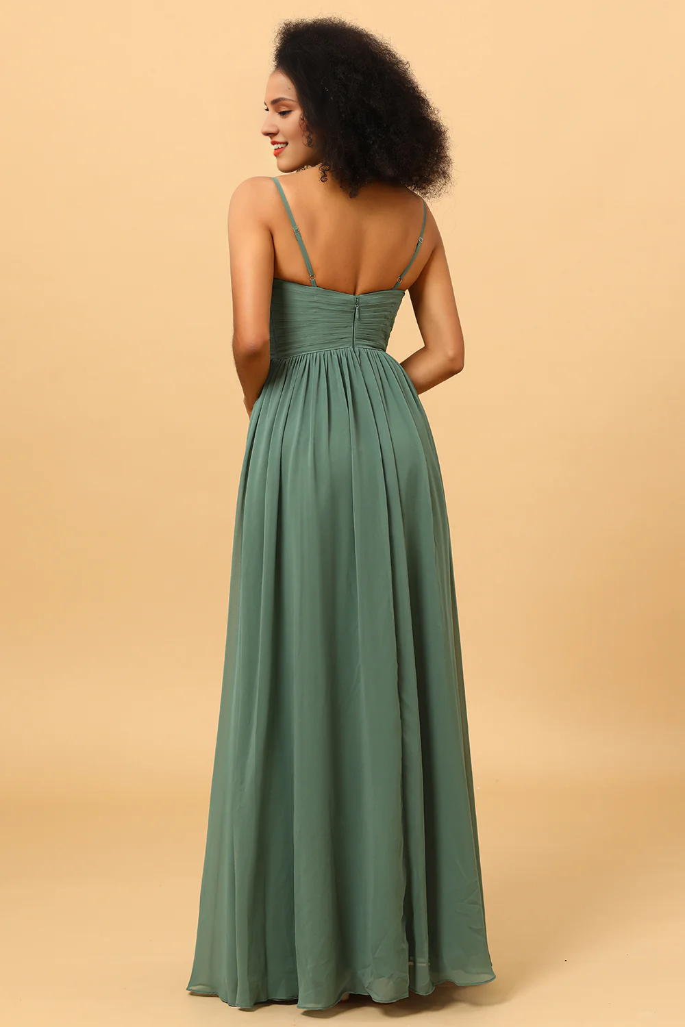 Eucalyptus A-line fine shoulder strap pleated long slit chiffon bridesmaid dress