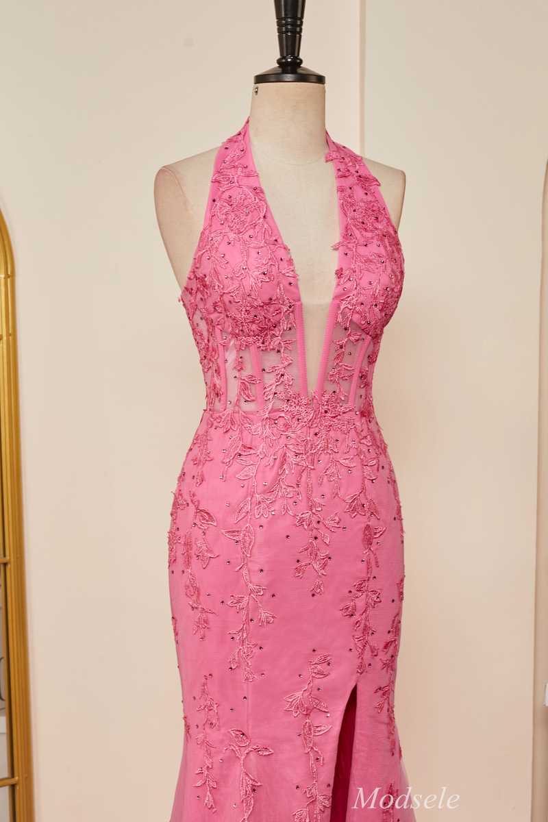 Hot Pink Appliques Halter Mermaid Long Prom Dress with Slit
