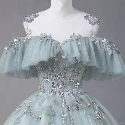 Girlhomeshops-Light green floral bead decoration long chiffon tulle graduation dress, adult ceremony dress, ball dress, prom dress, 16-year-old dress, model dress gh5310