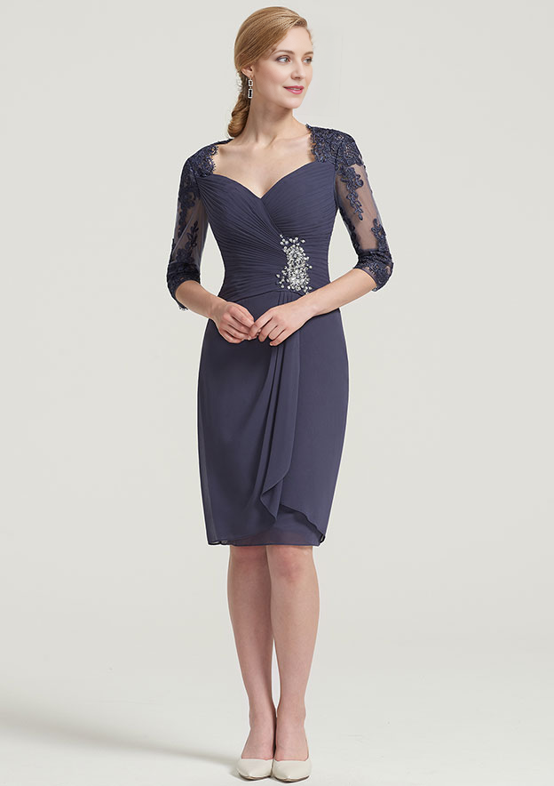 Scalloped Neck 34 Sleeve Knee-Length Chiffon Mother of the Bride Dress With Pleated Beading Appliqued