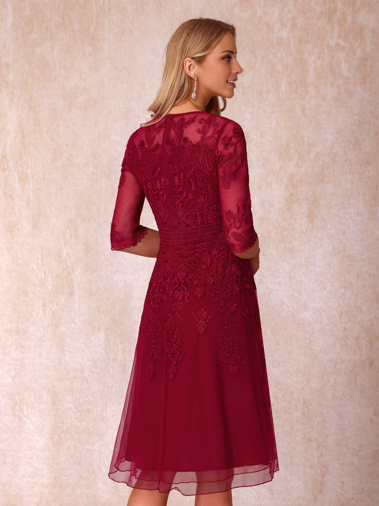 A-line/Princess Transparent Collar Half Sleeve Short Style Formal Mother of the bride Dress