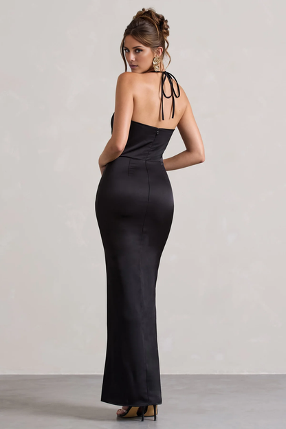 Satin high neck twisted pleat slit and floor length evening dress - Jimiss dress
