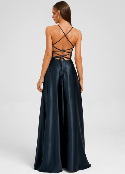 A-line V-neck floor-length pleated satin prom dress