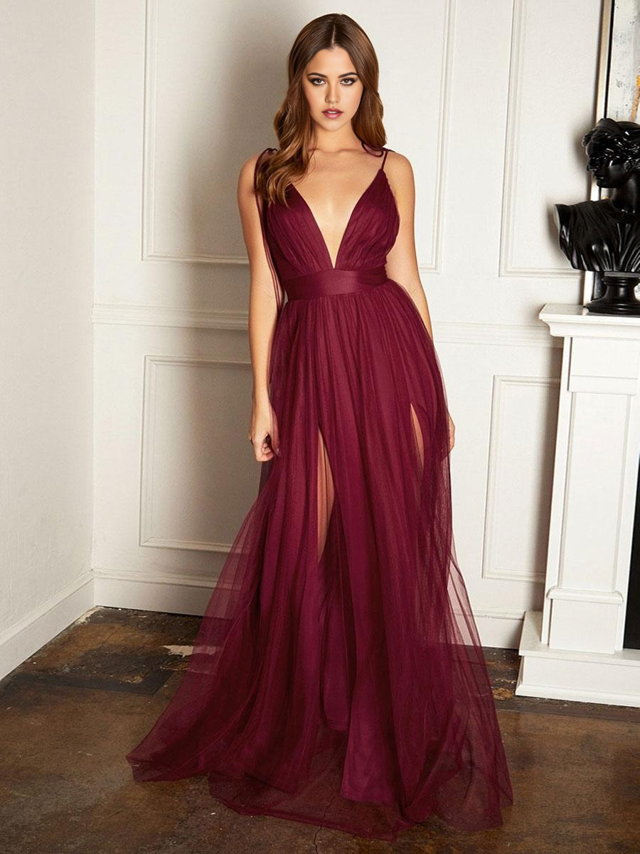 A-Line Sleeveless Floor-Length Tulle formal dresses evening gown Split Front Bridesmaid Dresses