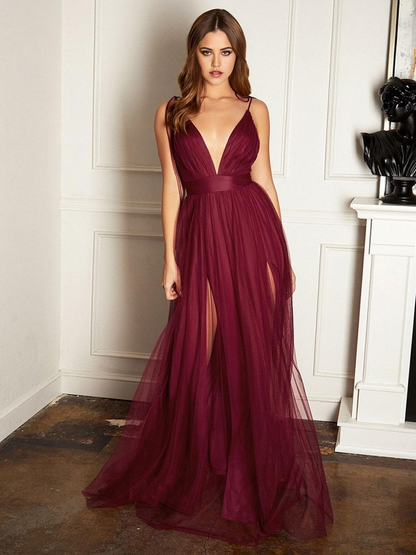 A-Line Sleeveless Floor-Length Tulle formal dresses evening gown Split Front Bridesmaid Dresses