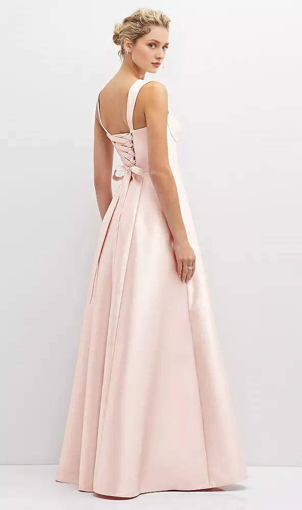 Pocket tie back tight corset satin and floor length Prom dress