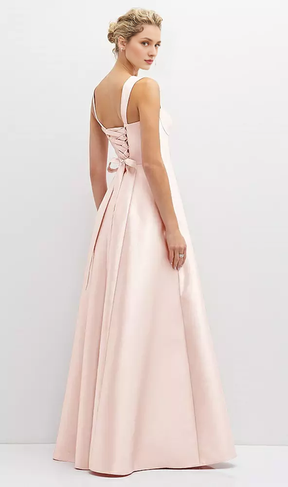 Pocket tie back tight corset satin and floor length Prom dress