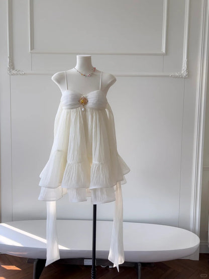 White Fantasy Short Chiffon Homecoming Dress Outdoor Holiday Party Dress gh4764