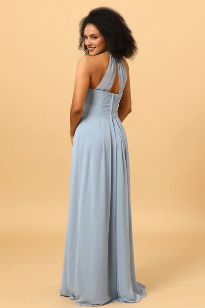 Grey blue tight backless backless long chiffon bridesmaid dress