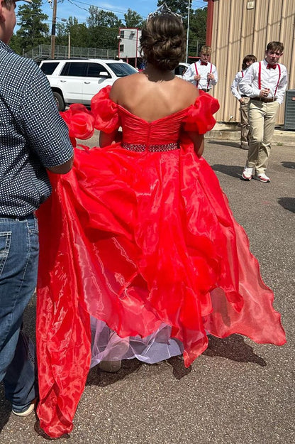 Red Off-the-Shoulder Puff Sleeve Multi-Layer Long Prom Dress