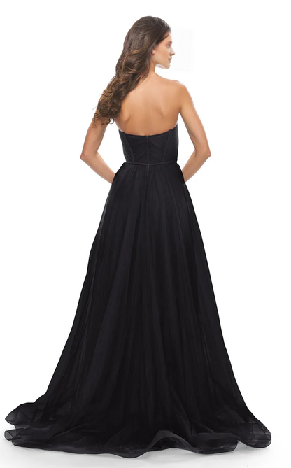 A-line heart-shaped collar sheer strapless tight corset with side slits and floor length Prom dress