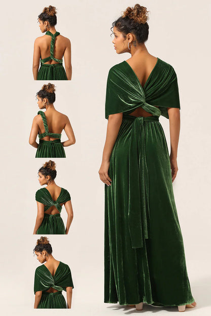 A Line V Neck Covertible Wear Velvet Long Bridesmaid Dress