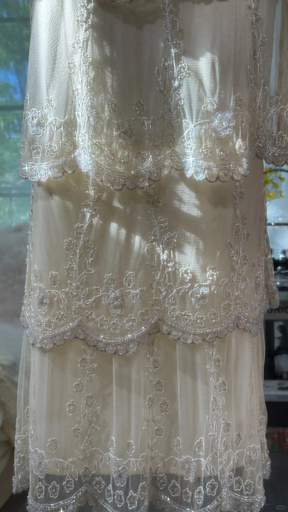 Vintage V Neck Long Prom Dress Tiered Outfit Formal