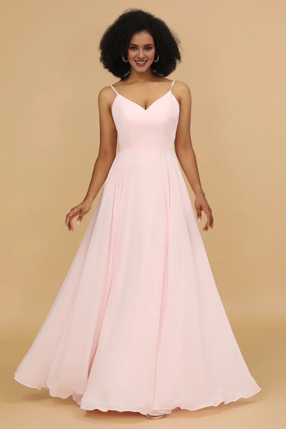 Pink A-line slim shoulder chiffon long bridesmaid dress