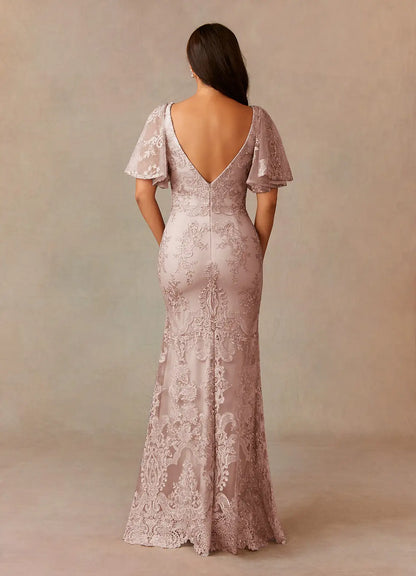 Mermaid V-Neck Lace Dusty Rose formal dresses evening dress Mother of the Bride Dresses