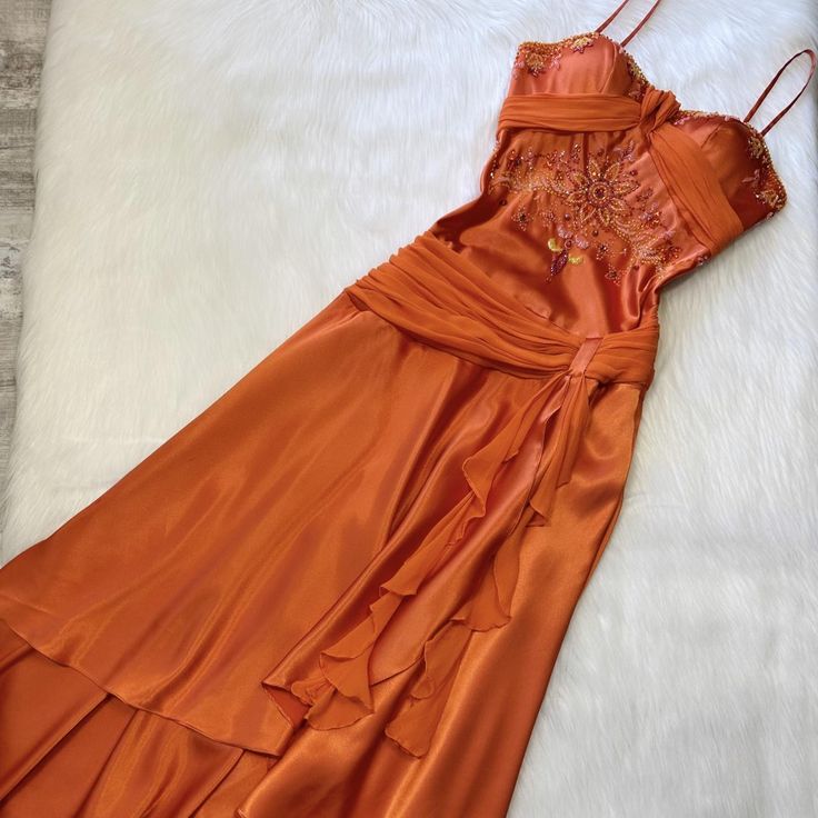 Spaghetti Straps Long Orange Party Dress Satin Evening Gown