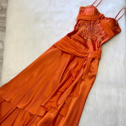 Spaghetti Straps Long Orange Party Dress Satin Evening Gown