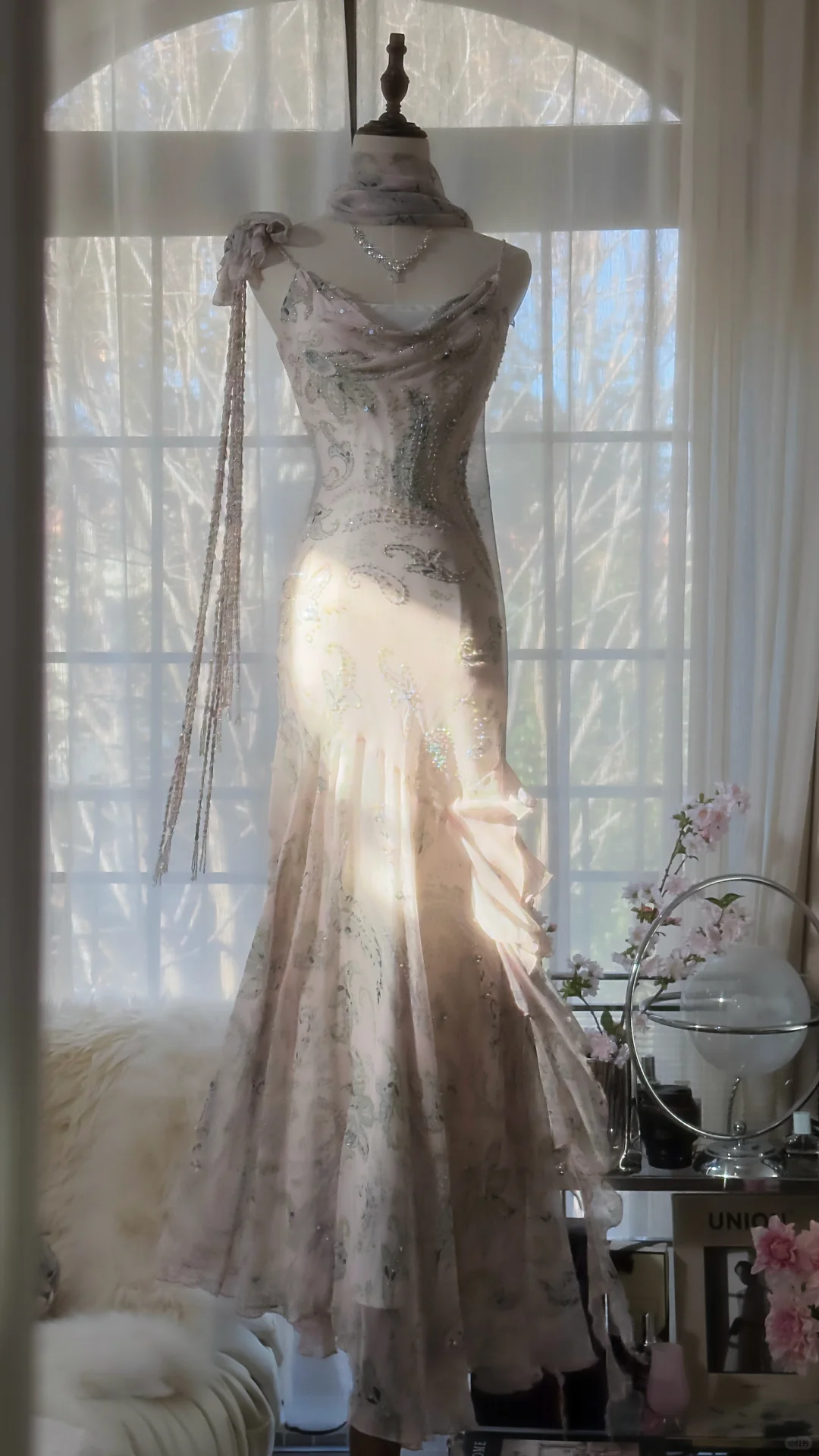 Light Pink Straps Mermaid Beaded Long Evening Dresses Birthday Outfits, HZ0319