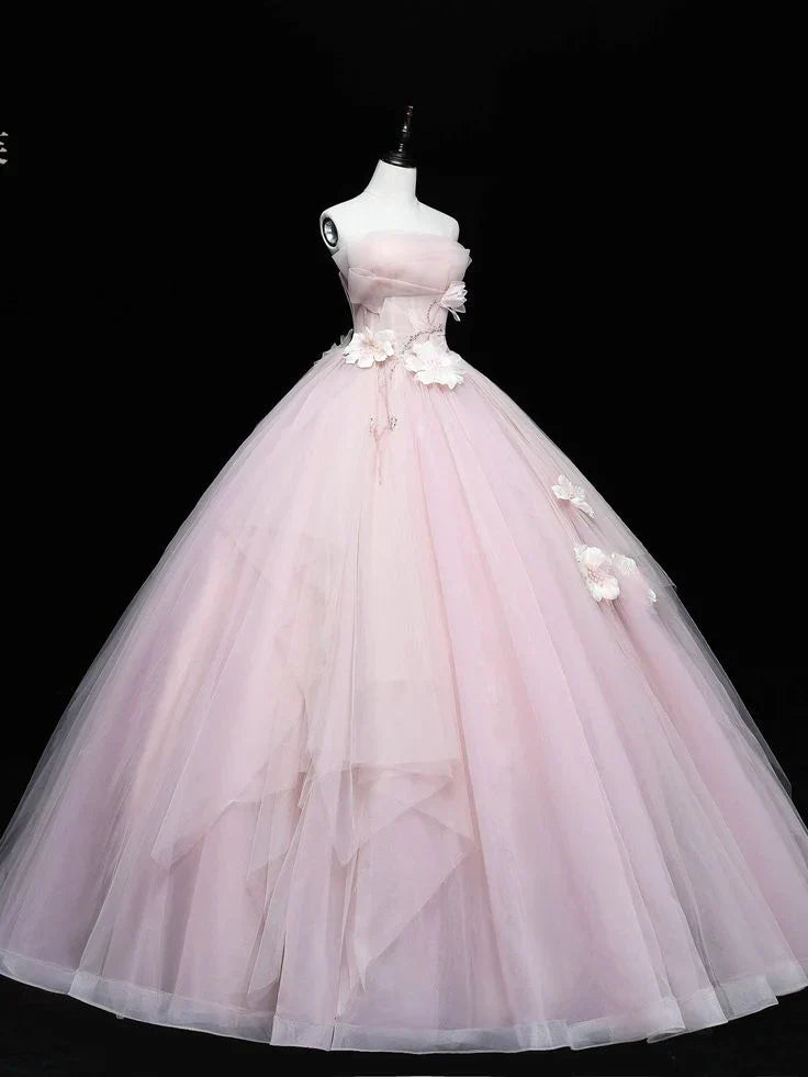 Simple Pink Applique Strapless Sweet 16 Quinceanera A-Line Tulle Floor-length Prom Dress Birthday Dress Evening Dress Ball Gown HZ1024