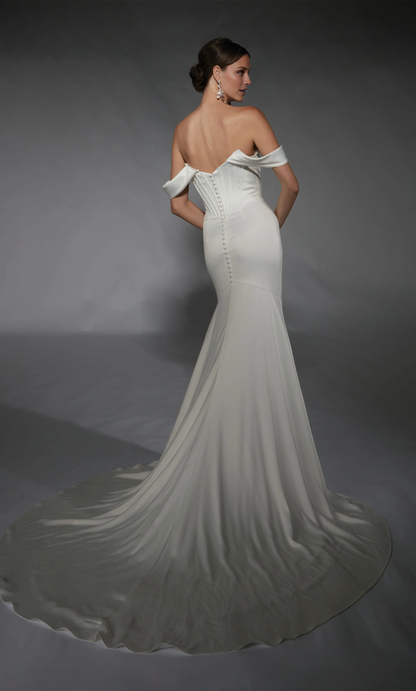 Perfect satin off shoulder slim fit trumpet shaped backless tight corset wedding dress