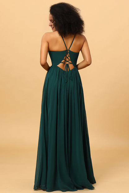 Pine A Line back lace chiffon slit bridesmaid dress